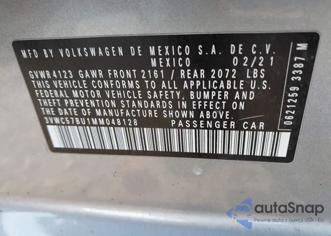 2021 Volkswagen Jetta 1.4T R-Line/1.4T S/1.4T Se z USA, uszkodzony, nr VIN 3VWC57BU1MM048128